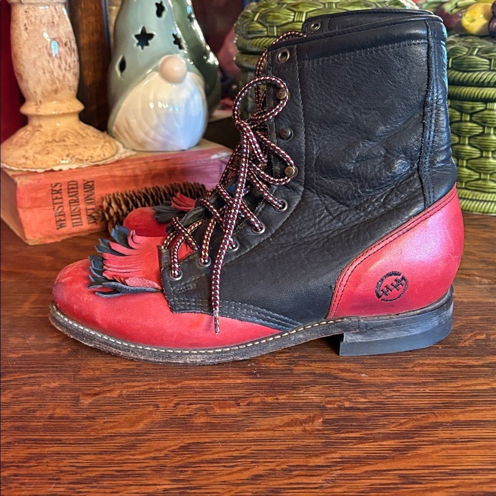 Double H women’s leather lace up boots, size 7 1/2, black and red - Picture 4 of 8